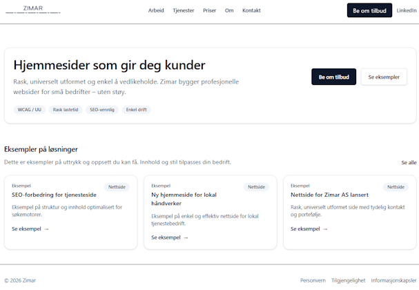 Nettside for Zimar AS lansert