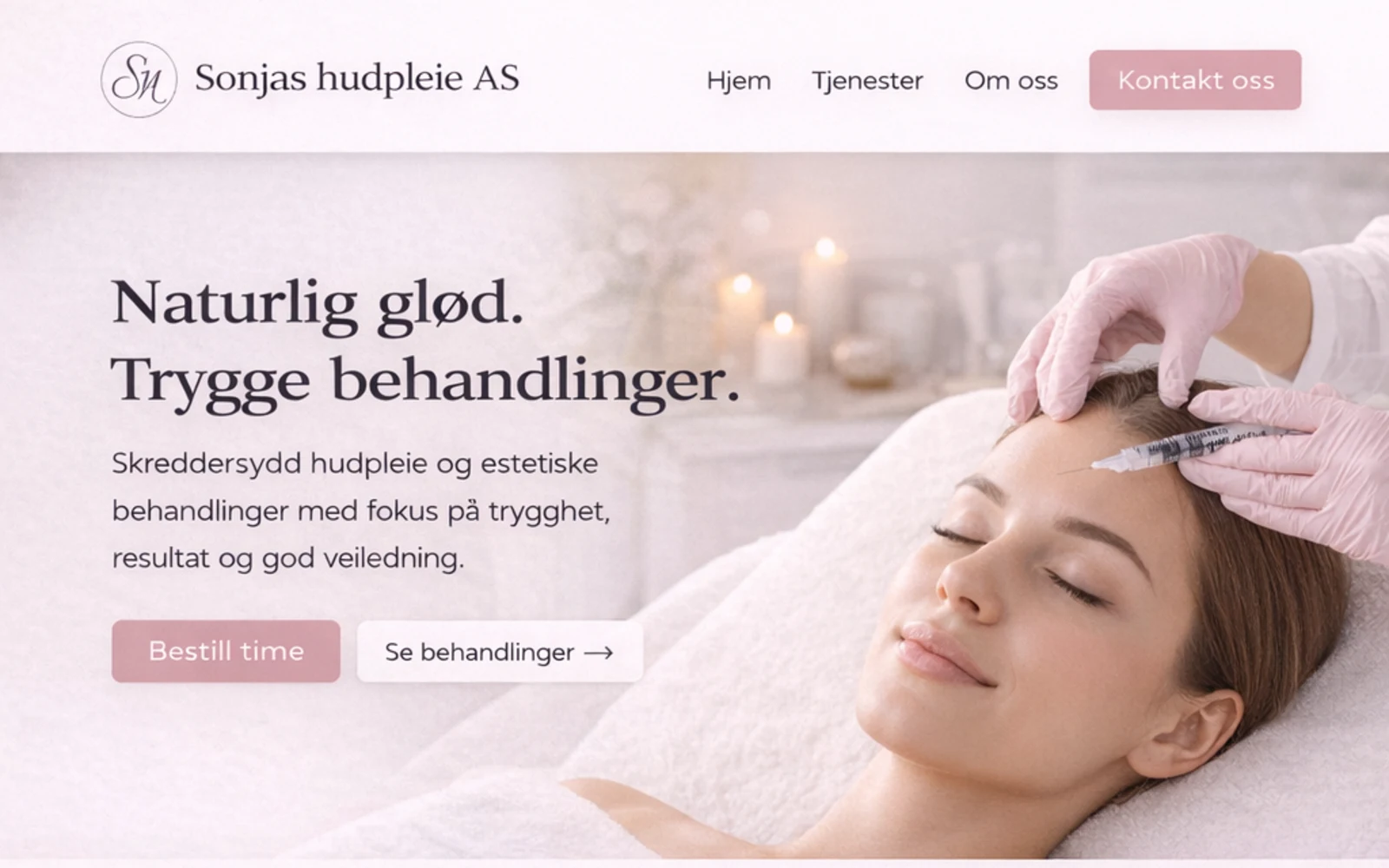 Mockup av nettsiden til Sonjas hudpleie AS med hero og tre behandlingskort